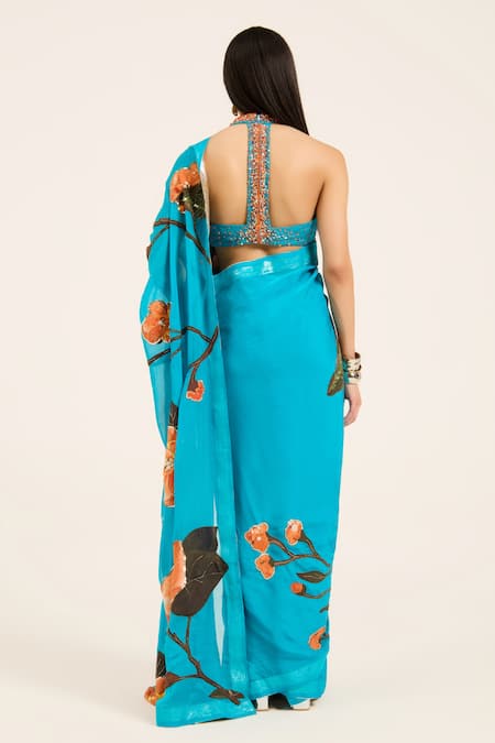 Ruhr India Phirozi Blue Hand Embroidered Aneri Saree Set 