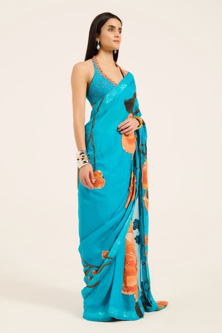 Buy Ruhr India Aqua Organza Embroidery, Beads Halter Neck Phirozi Blue Hand Aneri Saree Set Buy_Ruhr India_Aqua Organza Embroidery, Beads Halter Neck Phirozi Blue Hand Aneri Saree Set
