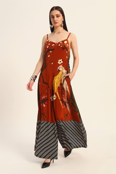Ruhr India Rust Crepe Scoop Neck Orange Kavya Jumpsuit 