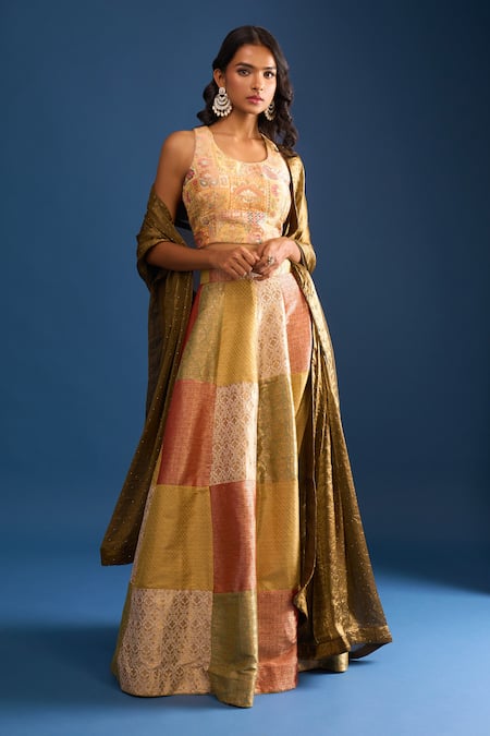 Buy_Naintara Bajaj_Multi Color Brocade, Silk Embroidery Round Neck Lehenga Set 