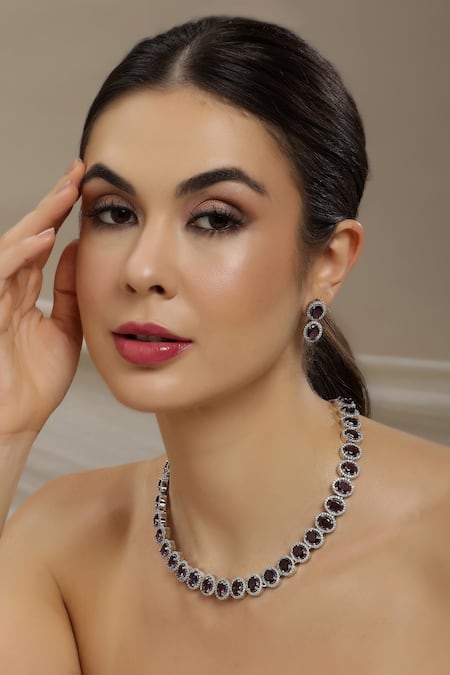 Ruby Raang Purple Rhinestones Designer Necklace And Earrings Set 
