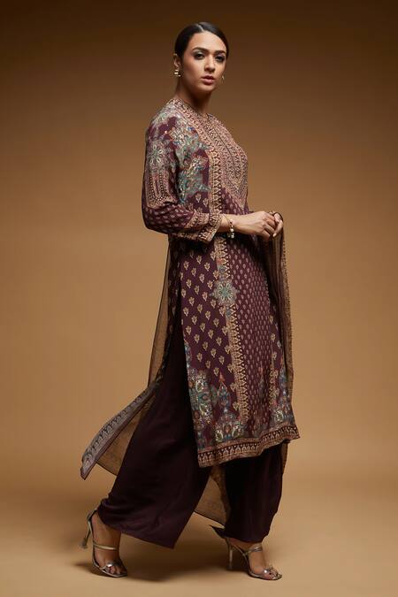 Nirraamyaa_Brown Bemberg, Crepe Rhinestones Round Neck Designer Kurta Pant Dupatta Set_Online_at_Aza_Fashions