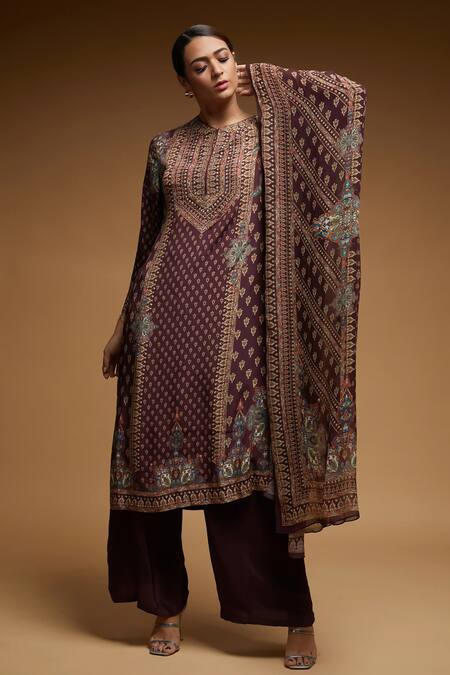 Buy_Nirraamyaa_Brown Bemberg, Crepe Rhinestones Round Neck Designer Kurta Pant Dupatta Set_Online_at_Aza_Fashions