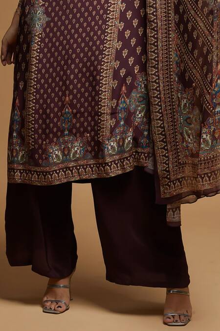 Shop_Nirraamyaa_Brown Bemberg, Crepe Rhinestones Round Neck Designer Kurta Pant Dupatta Set_Online_at_Aza_Fashions