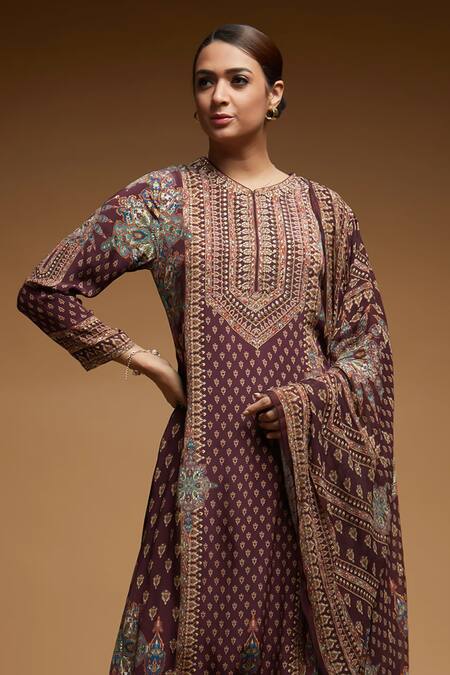 Nirraamyaa_Brown Bemberg, Crepe Rhinestones Round Neck Designer Kurta Pant Dupatta Set_at_Aza_Fashions