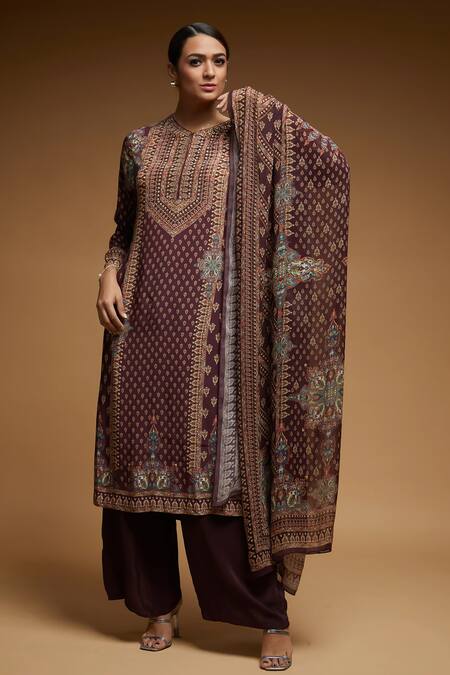 Buy_Nirraamyaa_Brown Bemberg, Crepe Rhinestones Round Neck Designer Kurta Pant Dupatta Set
