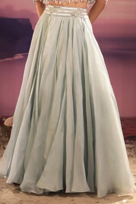 Buy COUTURE BY NIHARIKA Blue Organza Embroidery, Pearls Round Neck Tasseled Cape Lehenga Set Online at Aza Fashions Buy_COUTURE BY NIHARIKA_Blue Organza Embroidery, Pearls Round Neck Tasseled Cape Lehenga Set _Online_at_Aza_Fashions