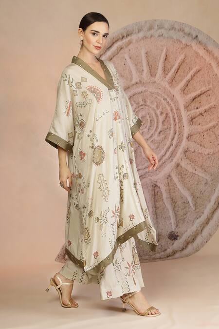 Soniya G_Gray Cotton Embroidery V-neck Grey Kaftan And Wide Legged Pant _Online_at_Aza_Fashions