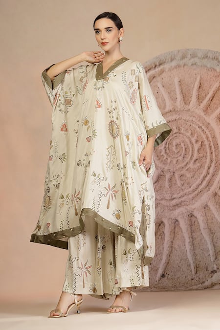 Buy_Soniya G_Gray Cotton Embroidery V-neck Grey Kaftan And Wide Legged Pant _Online_at_Aza_Fashions