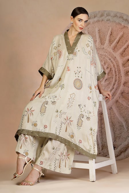 Shop_Soniya G_Gray Cotton Embroidery V-neck Grey Kaftan And Wide Legged Pant _Online_at_Aza_Fashions