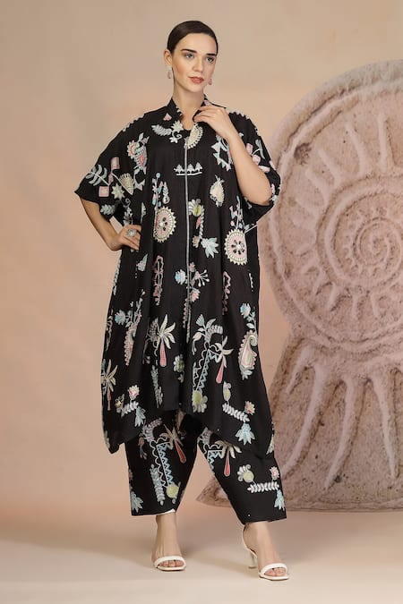 Buy_Soniya G_Black Cotton Embroidery Round Neck Shrug And Harem Pant Set _Online_at_Aza_Fashions