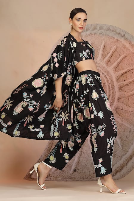 Buy_Soniya G_Black Cotton Embroidery Round Neck Shrug And Harem Pant Set 