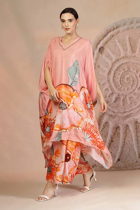 Soniya G_Pink Muslin, Silk Round Neck Pastel Floral Kaftan And Pant Set _Online_at_Aza_Fashions