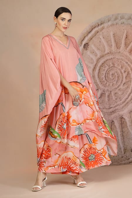 Buy_Soniya G_Pink Muslin, Silk Round Neck Pastel Floral Kaftan And Pant Set _Online_at_Aza_Fashions