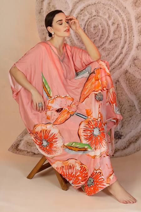 Shop_Soniya G_Pink Muslin, Silk Round Neck Pastel Floral Kaftan And Pant Set _Online_at_Aza_Fashions