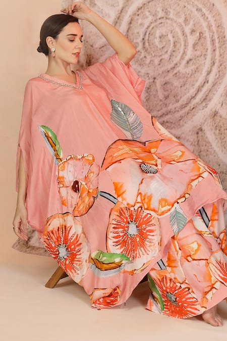 Soniya G_Pink Muslin, Silk Round Neck Pastel Floral Kaftan And Pant Set _at_Aza_Fashions