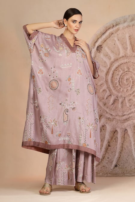Buy_Soniya G_Mauve Cotton Embroidery V-neck Kaftan And Pant Set _Online_at_Aza_Fashions