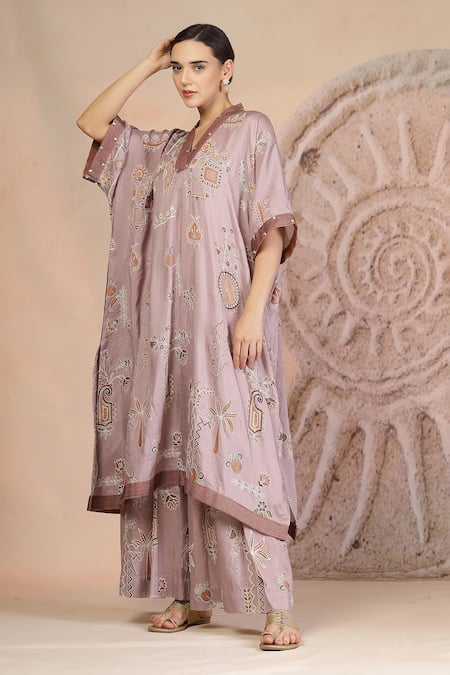 Shop_Soniya G_Mauve Cotton Embroidery V-neck Kaftan And Pant Set _Online_at_Aza_Fashions