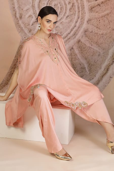 Soniya G_Pink Muslin, Silk Embroidery Round Neck Powder Asymmetric Kurta And Tulip Pant _Online_at_Aza_Fashions