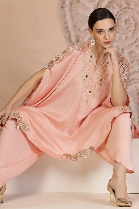 Buy_Soniya G_Pink Muslin, Silk Embroidery Round Neck Powder Asymmetric Kurta And Tulip Pant _Online_at_Aza_Fashions