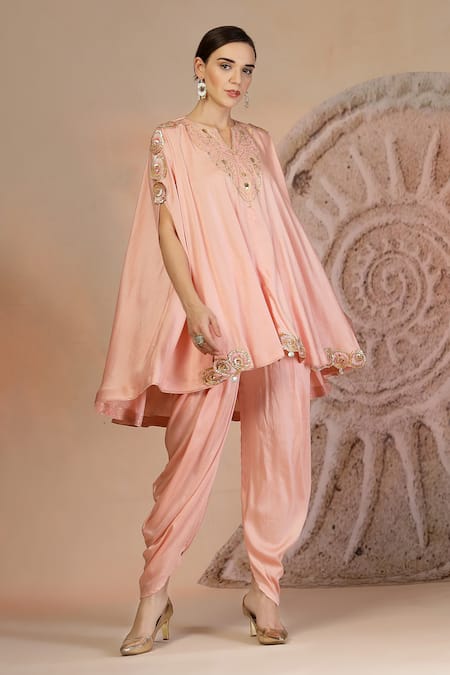 Soniya G_Pink Muslin, Silk Embroidery Round Neck Powder Asymmetric Kurta And Tulip Pant _at_Aza_Fashions