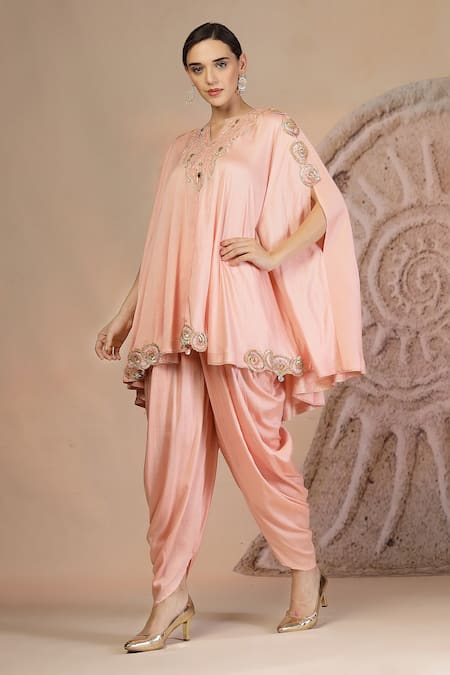 Buy_Soniya G_Pink Muslin, Silk Embroidery Round Neck Powder Asymmetric Kurta And Tulip Pant 