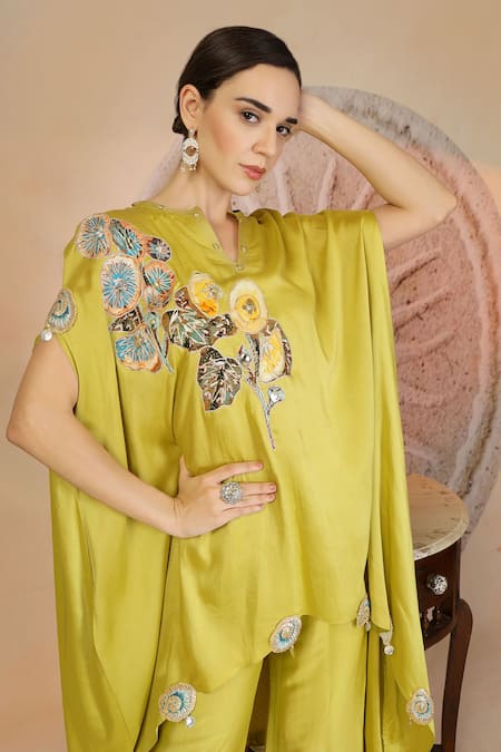 Soniya G_Green Muslin, Silk Embroidery Round Lime Asymmetric Kurta And Farshi Salwar Set _Online_at_Aza_Fashions