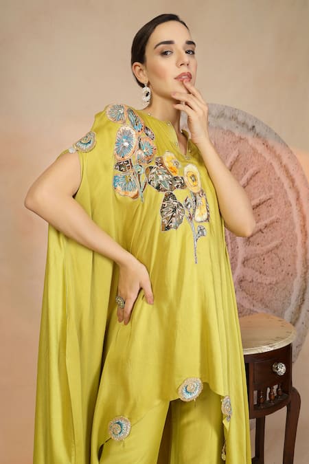 Buy_Soniya G_Green Muslin, Silk Embroidery Round Lime Asymmetric Kurta And Farshi Salwar Set _Online_at_Aza_Fashions