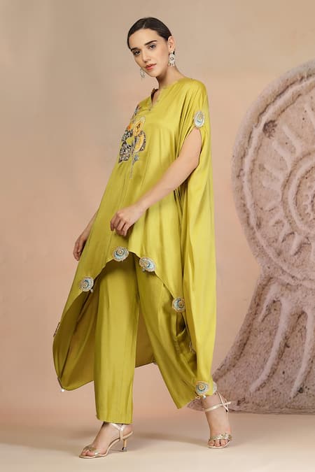 Shop_Soniya G_Green Muslin, Silk Embroidery Round Lime Asymmetric Kurta And Farshi Salwar Set _Online_at_Aza_Fashions