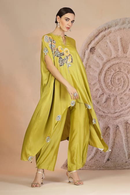 Soniya G_Green Muslin, Silk Embroidery Round Lime Asymmetric Kurta And Farshi Salwar Set _at_Aza_Fashions