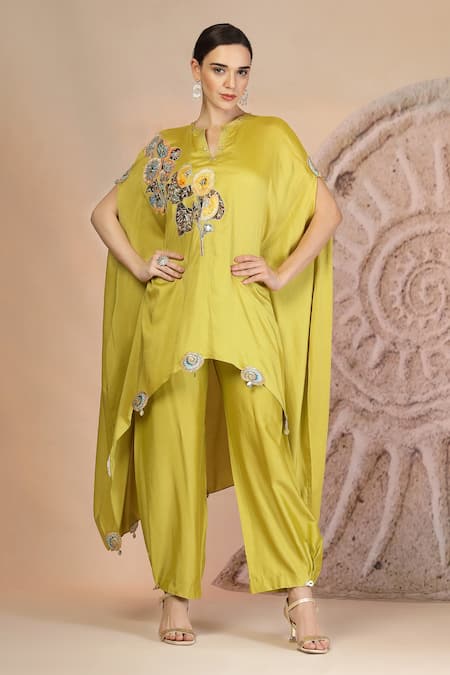 Soniya G Green Muslin, Silk Embroidery Round Lime Asymmetric Kurta And Farshi Salwar Set 