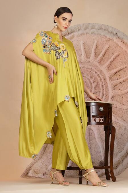 Buy_Soniya G_Green Muslin, Silk Embroidery Round Lime Asymmetric Kurta And Farshi Salwar Set 