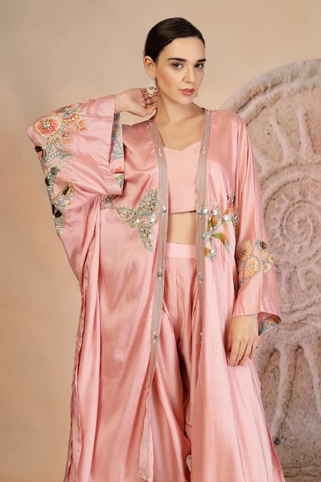 Soniya G_Pink Muslin, Silk Embroidery Round Neck Powder Designer Cape Set _Online_at_Aza_Fashions