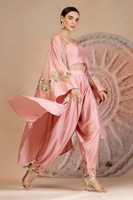 Shop_Soniya G_Pink Muslin, Silk Embroidery Round Neck Powder Designer Cape Set _Online_at_Aza_Fashions