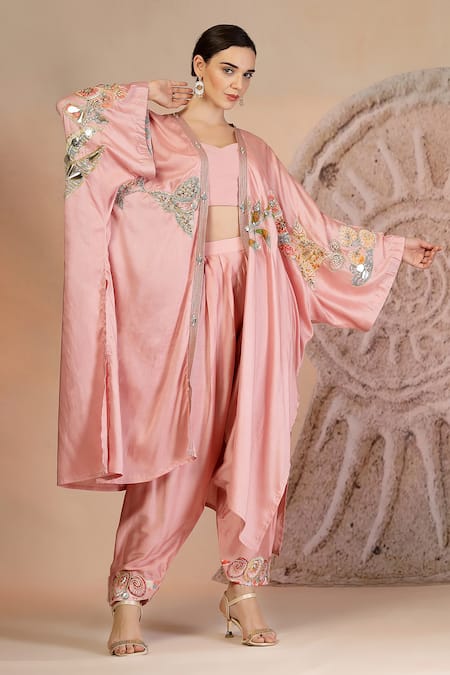 Soniya G_Pink Muslin, Silk Embroidery Round Neck Powder Designer Cape Set _at_Aza_Fashions