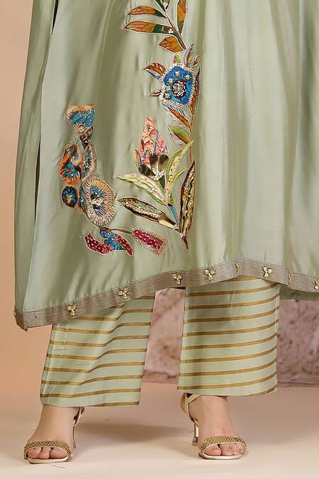 Buy_Soniya G_Green Muslin, Silk Embroidery V-neck Pista Kurta And Pant Set 