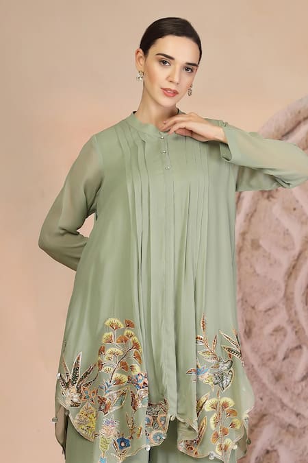 Soniya G_Green Muslin, Silk Embroidery Collared Pista Kurta And Palazzo Set _Online_at_Aza_Fashions