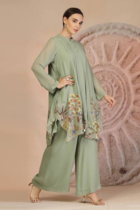 Buy_Soniya G_Green Muslin, Silk Embroidery Collared Pista Kurta And Palazzo Set _Online_at_Aza_Fashions