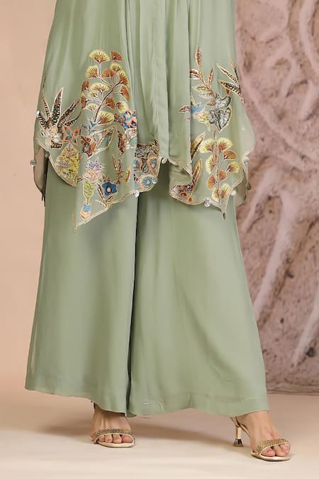 Shop_Soniya G_Green Muslin, Silk Embroidery Collared Pista Kurta And Palazzo Set _Online_at_Aza_Fashions