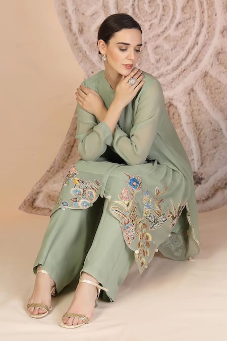 Soniya G_Green Muslin, Silk Embroidery Collared Pista Kurta And Palazzo Set _at_Aza_Fashions