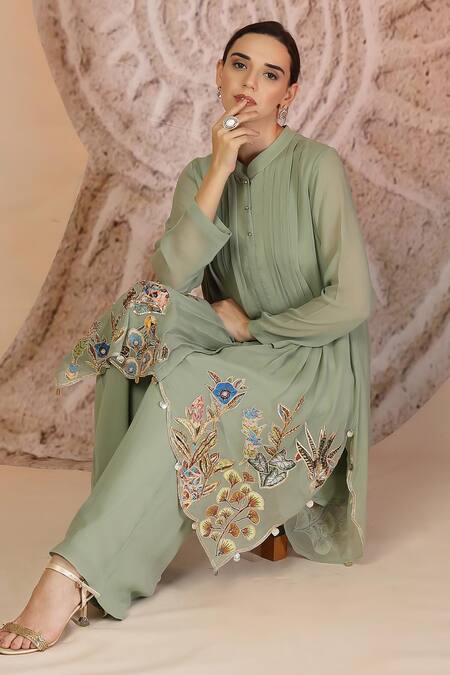 Buy_Soniya G_Green Muslin, Silk Embroidery Collared Pista Kurta And Palazzo Set 