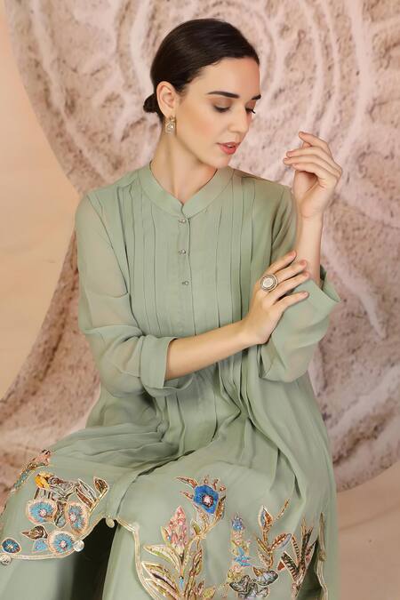 Shop_Soniya G_Green Muslin, Silk Embroidery Collared Pista Kurta And Palazzo Set 