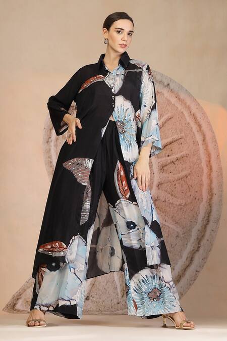 Buy_Soniya G_Black Muslin, Silk Collared Charcoal Floral Print Kurta Set _Online_at_Aza_Fashions