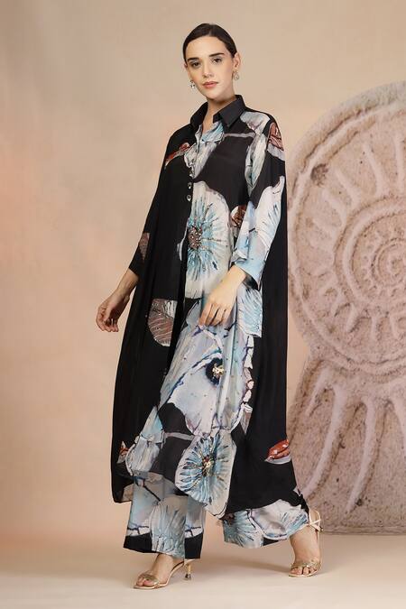 Soniya G_Black Muslin, Silk Collared Charcoal Floral Print Kurta Set _at_Aza_Fashions