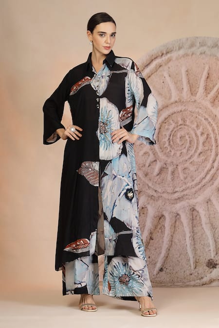Soniya G Black Muslin, Silk Collared Charcoal Floral Print Kurta Set 
