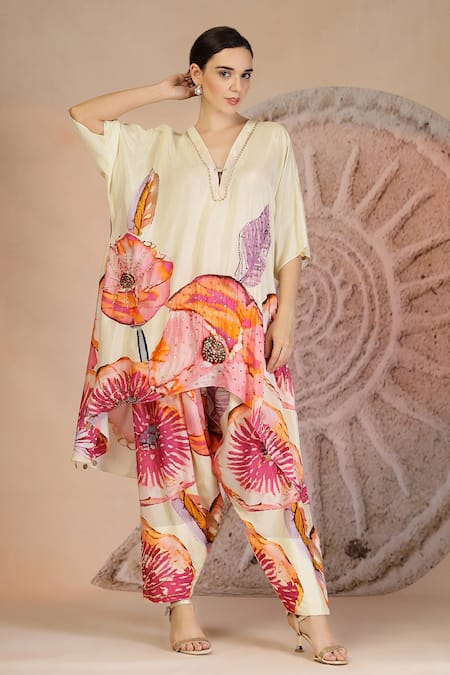 Soniya G Ivory Muslin, Silk Split V-neck Floral Print Kurta And Farshi Salwar Set 
