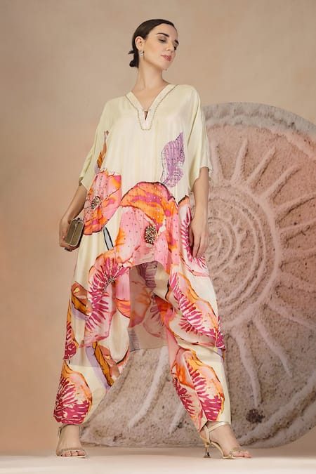 Buy_Soniya G_Ivory Muslin, Silk Split V-neck Floral Print Kurta And Farshi Salwar Set _Online_at_Aza_Fashions