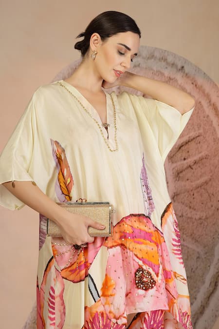 Shop_Soniya G_Ivory Muslin, Silk Split V-neck Floral Print Kurta And Farshi Salwar Set _Online_at_Aza_Fashions