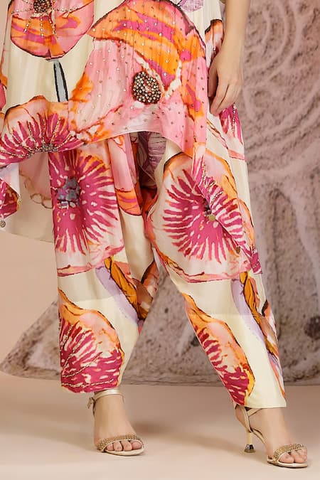 Soniya G_Ivory Muslin, Silk Split V-neck Floral Print Kurta And Farshi Salwar Set _at_Aza_Fashions