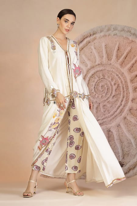 Soniya G_Ivory Muslin, Silk Embroidery V-neck Draped Dhoti Pant And Blouse Set _Online_at_Aza_Fashions